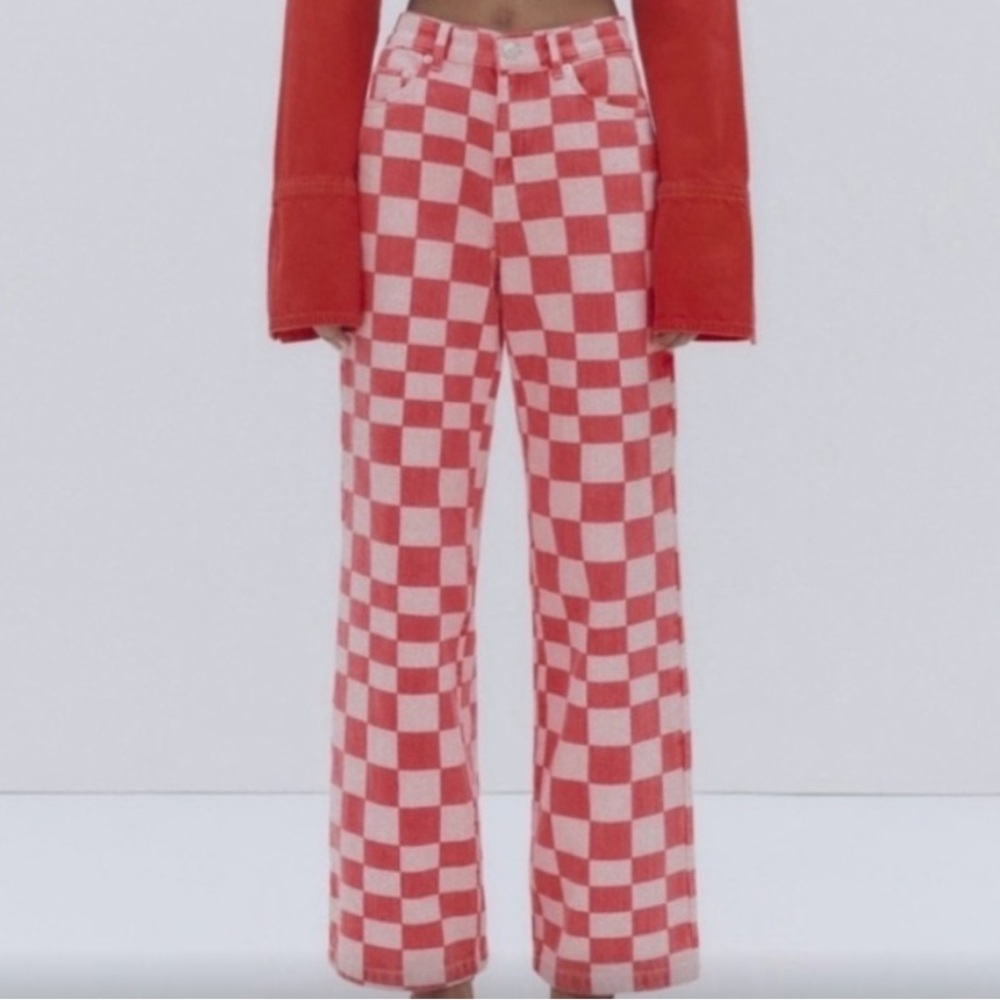 Zara Red and Pink Checkered Wide Leg Pants